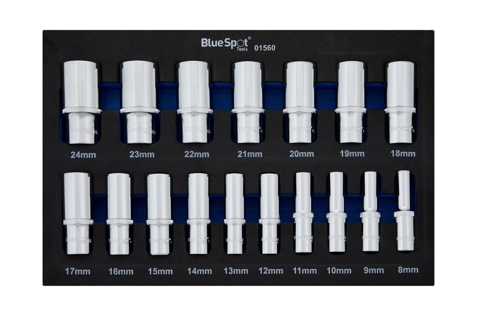 BlueSpot Deep Socket Set on Socket Rail 17pc 3/8" Drive Metric 8-24mm 12 Point