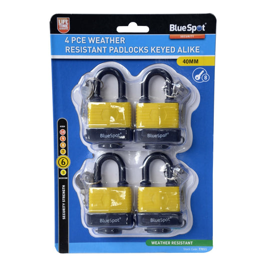 BlueSpot 4 Piece 40mm Weather Resistant Padlocks Keyed Alike - 77011