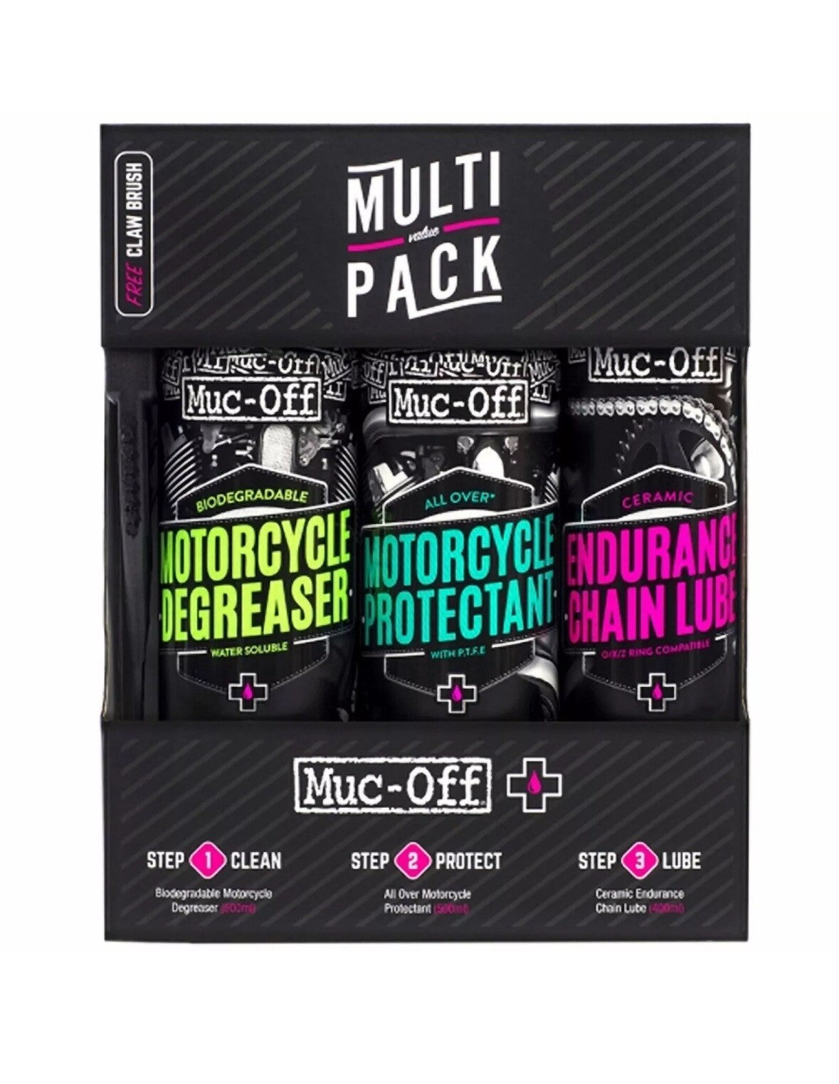 Muc-Off Motorbike Multi Value Cleaning Pack - Degreaser/Protectant/Lube & Brush