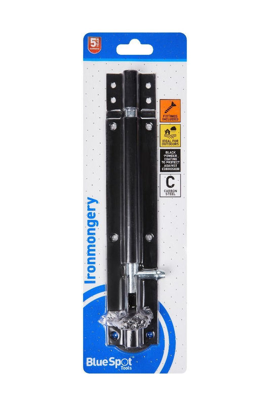 Blue Spot Tools Ironmongery 200mm Black Powder Coated Tower Bolt bsp78003