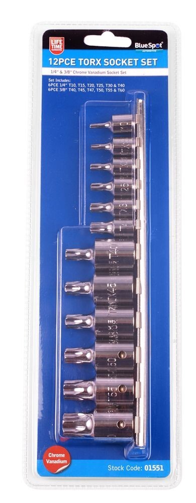 BlueSpot 12Pcs 1/4" T10-T40 & 3/8" T40-T60 Torx Socket Set 01551