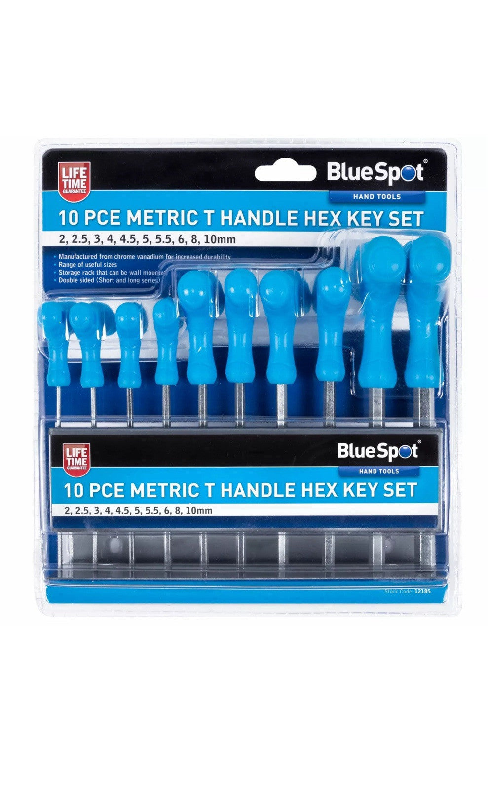 Bluespot 10pc Long Metric Hex Allen Key Set 2mm - 10mm T Handle Double Ended