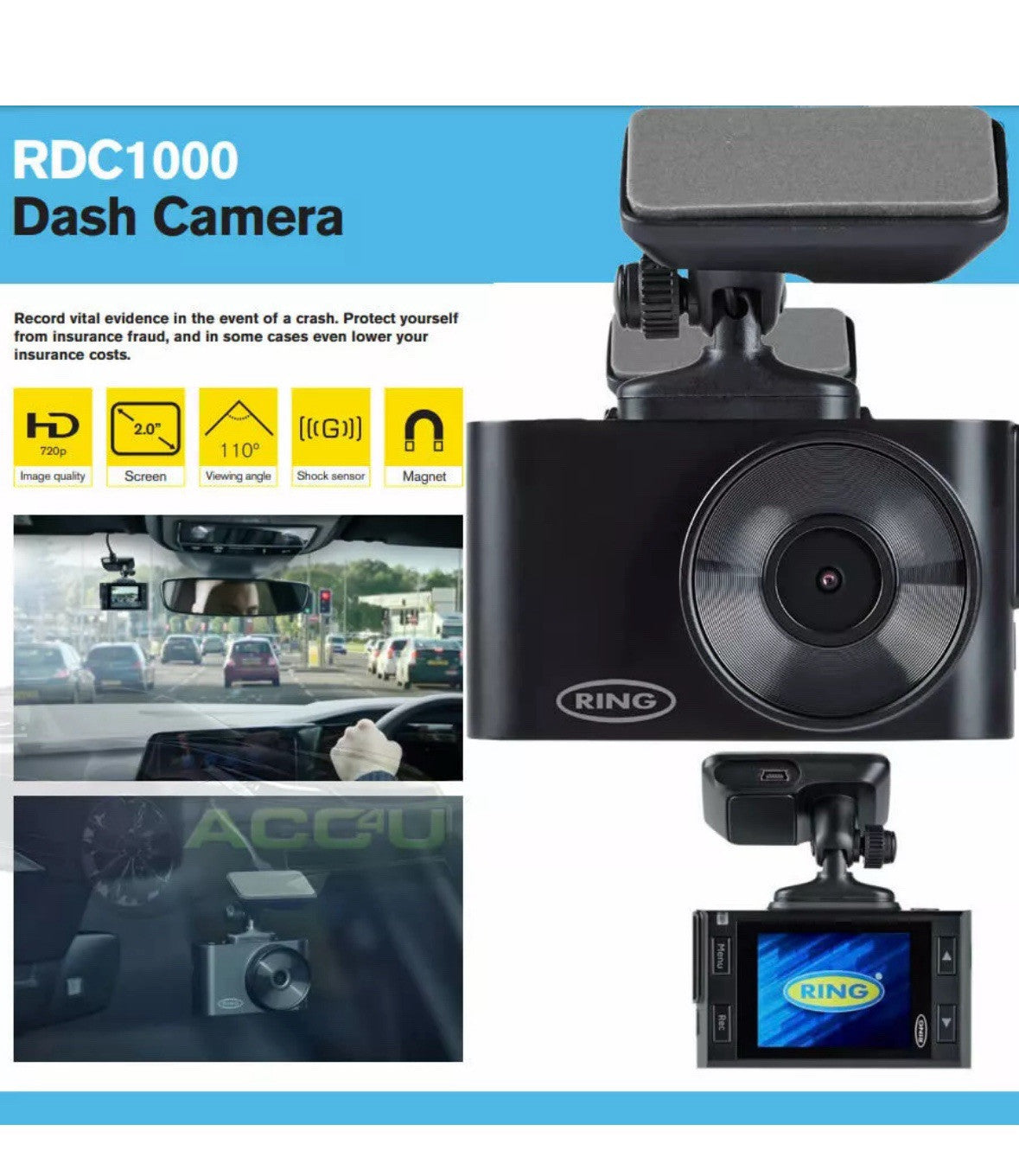 Ring RDC1000 720p G Sensor Windscreen Dash Cam Camera Video Journey Recorder