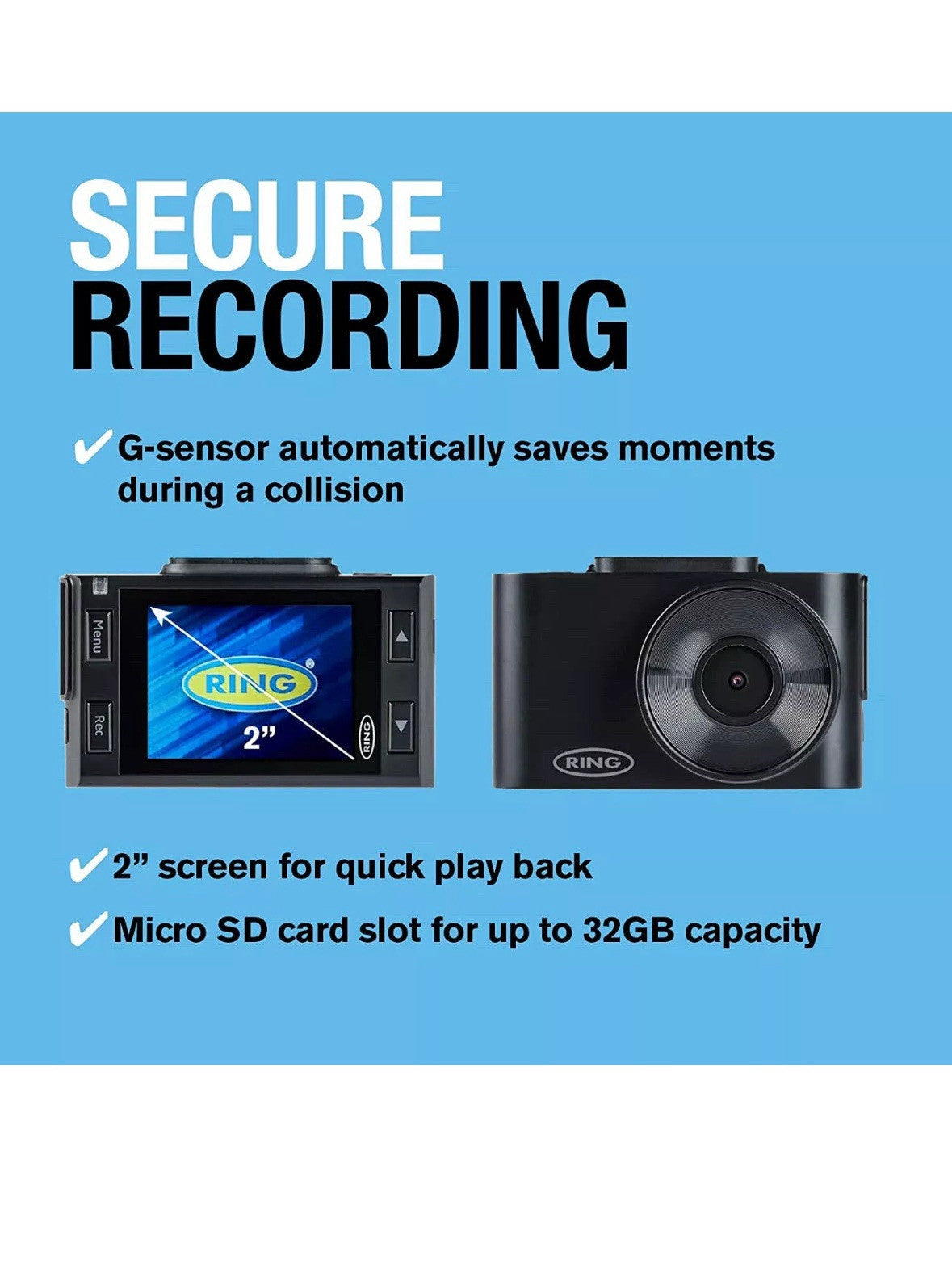 Ring RDC1000 720p G Sensor Windscreen Dash Cam Camera Video Journey Recorder