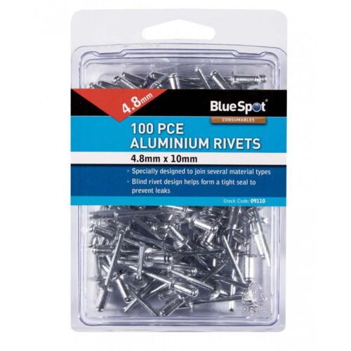 bluespot 100 pce 4.8mm x 10mm aluminium rivets BSP09110