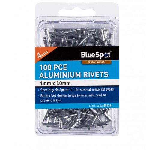 bluespot 100 pce 4mm x 10mm aluminium rivets BSP09112